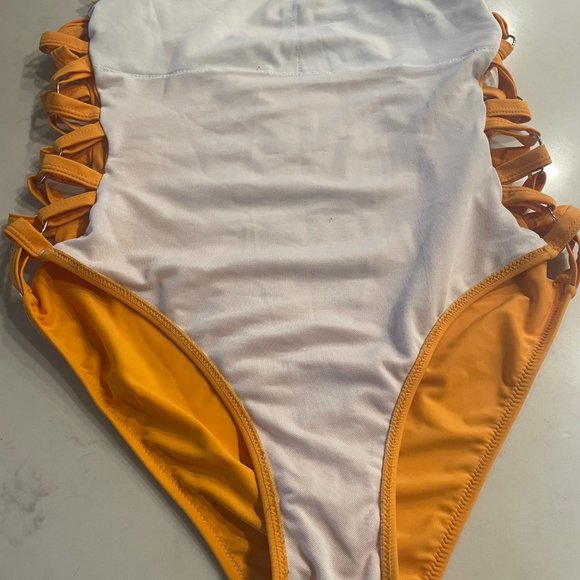 Mustard / Yellow Crisscross Lace Up Slimming One Piece Swimsuit - Picture 10 of 13